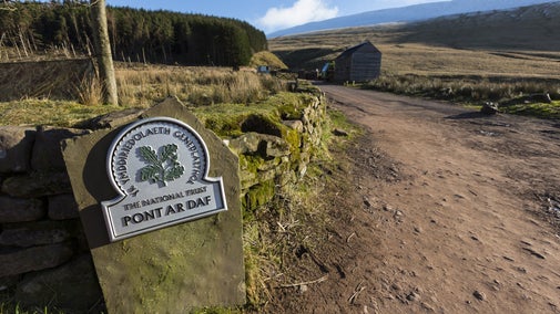 The beginning of the Beacons Way path from Pont ar Daf in the Brecon Beacons National Park, Wales